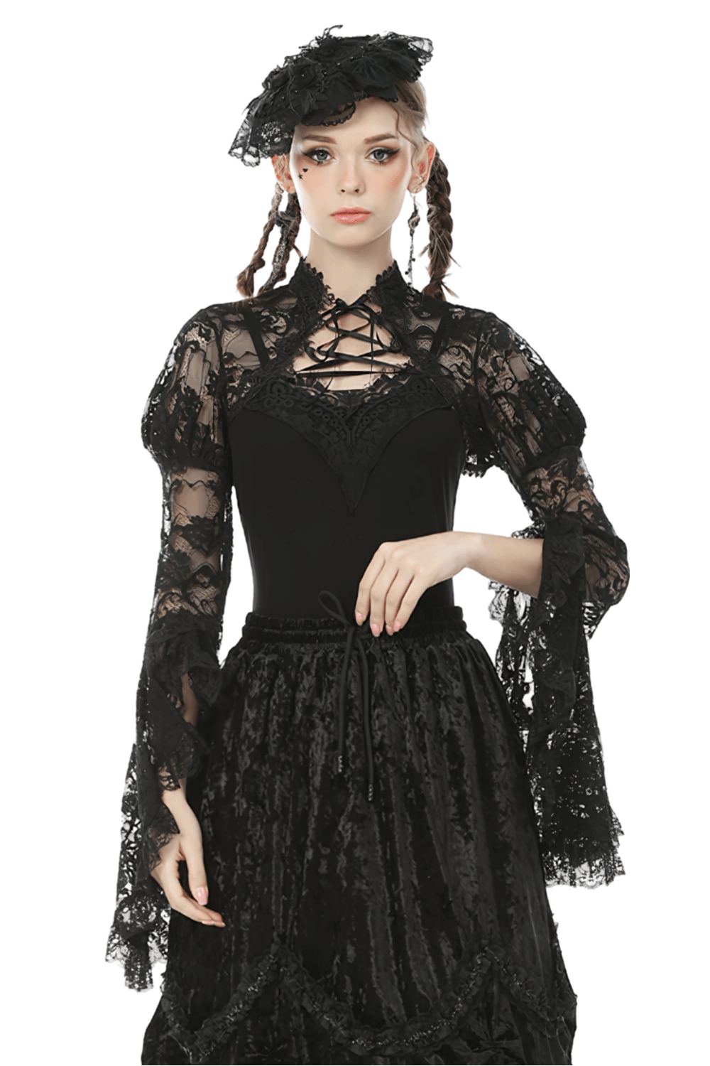 Elegant black lace bolero with long trumpet sleeves, perfect for a gothic romantic outfit.
