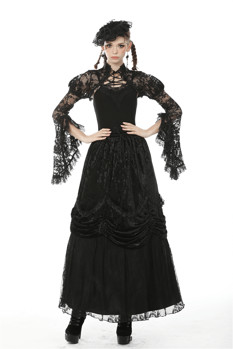 Elegant Gothic black lace bolero with long sleeves, perfect for dramatic dark romantic outfits.