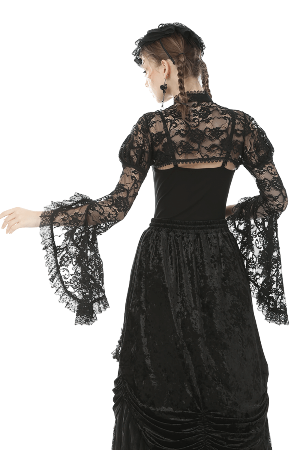 Elegant black lace bolero with dramatic trumpet sleeves, perfect for gothic romantic outfits.