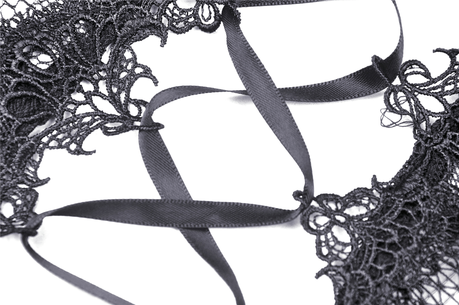 Close-up of gothic black lace with elegant ribbons, perfect for layering over dresses and tops for a dramatic look.