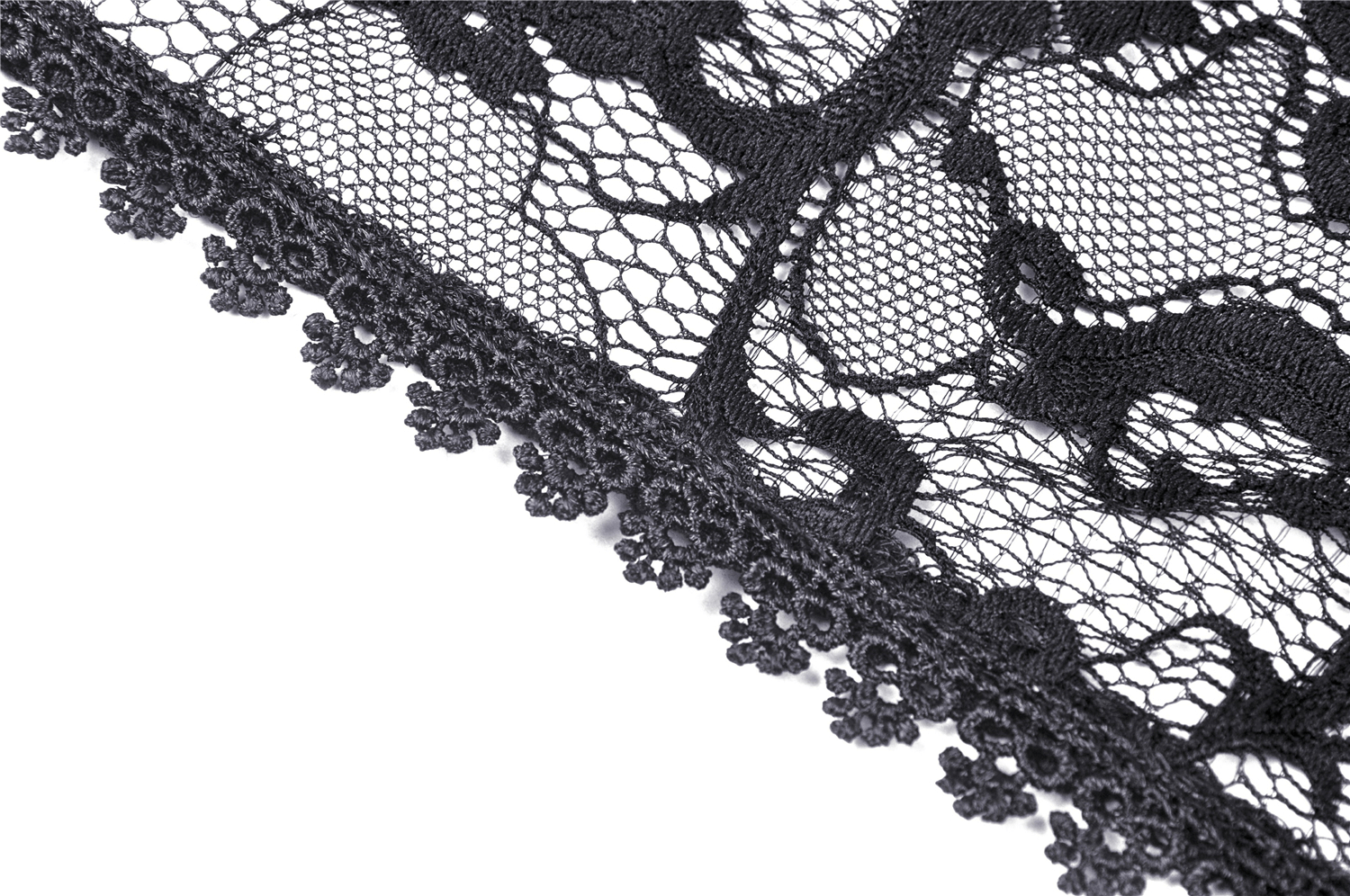 Close-up of elegant black lace fabric with floral patterns and delicate trim for gothic fashion.