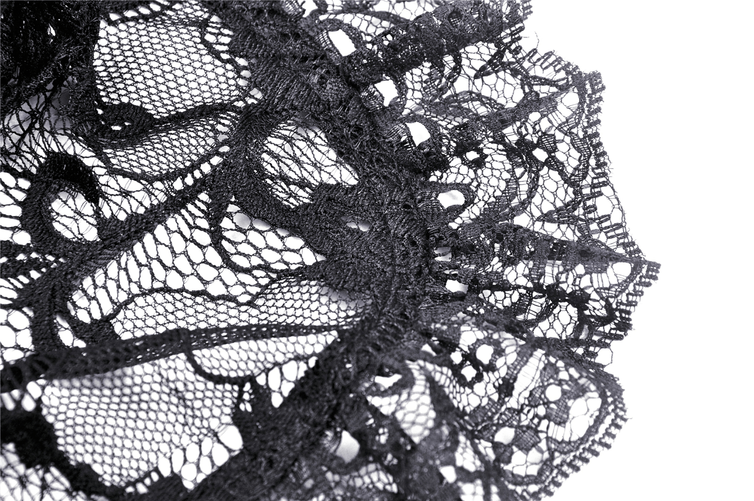 Close-up of elegant black lace with intricate floral patterns, perfect for gothic fashion styles.