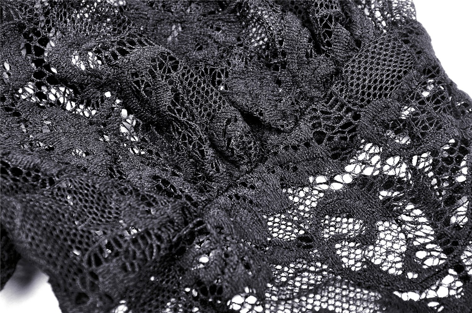 Close-up of elegant black lace, showcasing intricate patterns and textures ideal for a gothic bolero top.