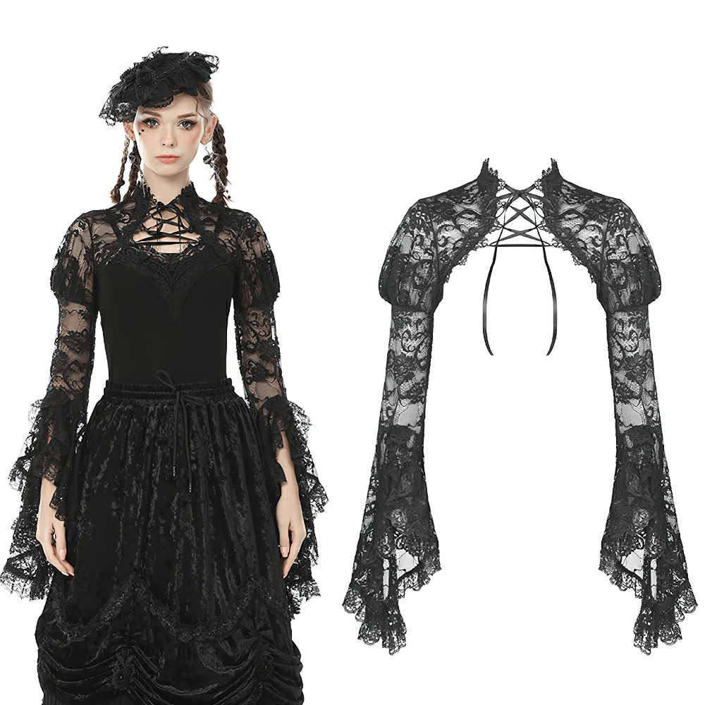 Elegant black lace bolero with long sleeves, perfect for gothic and Victorian-inspired outfits.