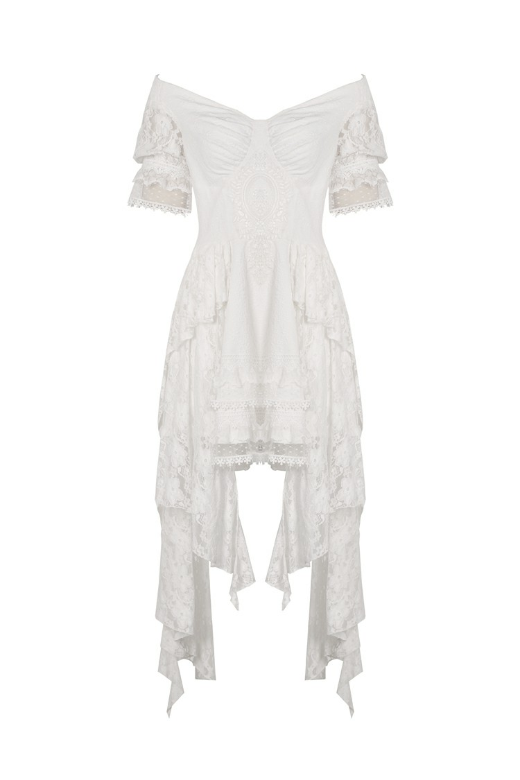 Elegant off-shoulder white lace dress with asymmetrical hem and intricate detailing for special occasions.