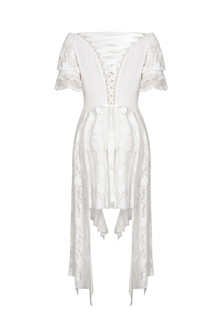 Elegant white lace off-shoulder dress with asymmetrical hem, featuring intricate detailing and a sweetheart neckline.