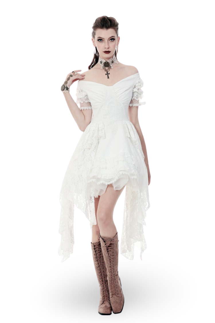Elegant off-shoulder white lace dress with asymmetrical hem, perfect for boho chic evening events.