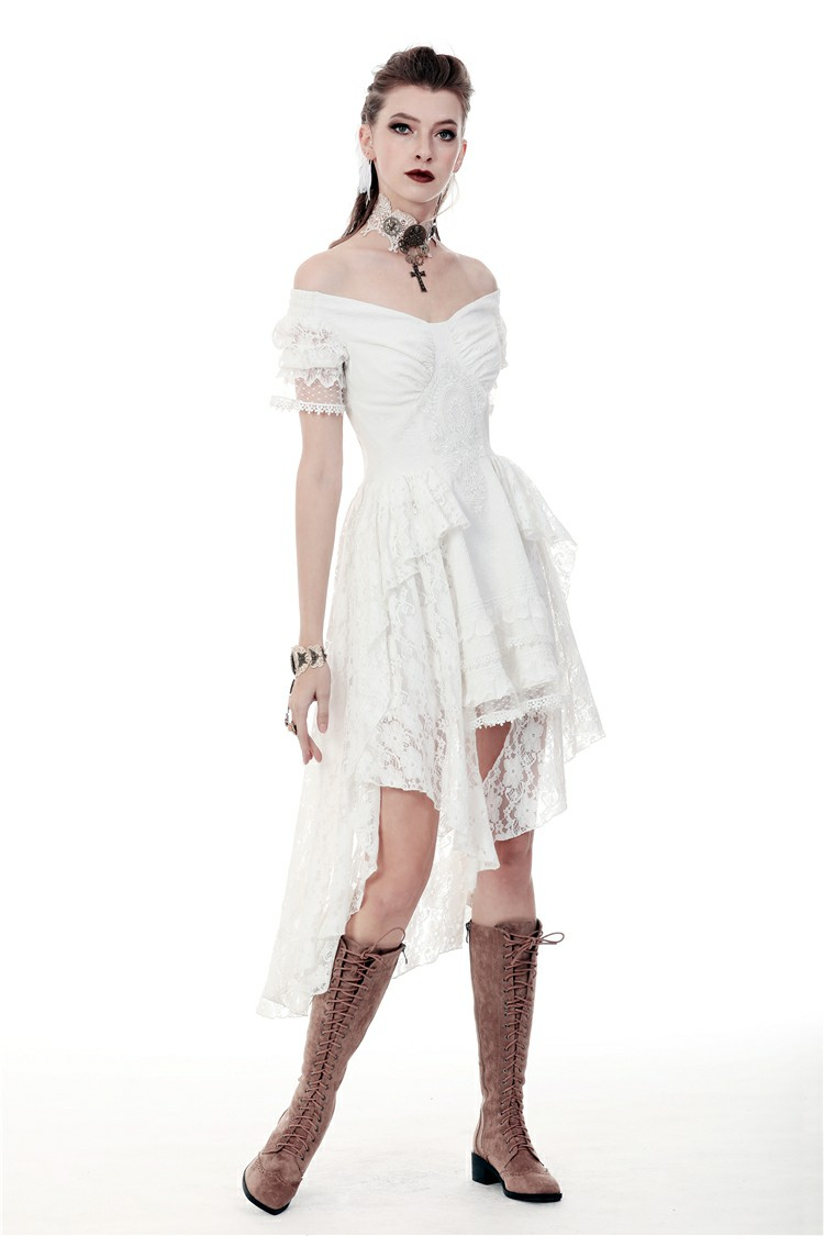 Elegant off-shoulder white lace dress with asymmetrical hem and intricate detailing, perfect for boho chic outfits.
