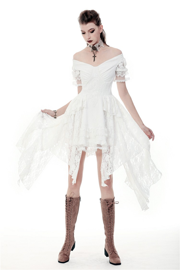 Elegant off-shoulder white lace dress with asymmetrical hem, perfect for boho chic and gothic style events.