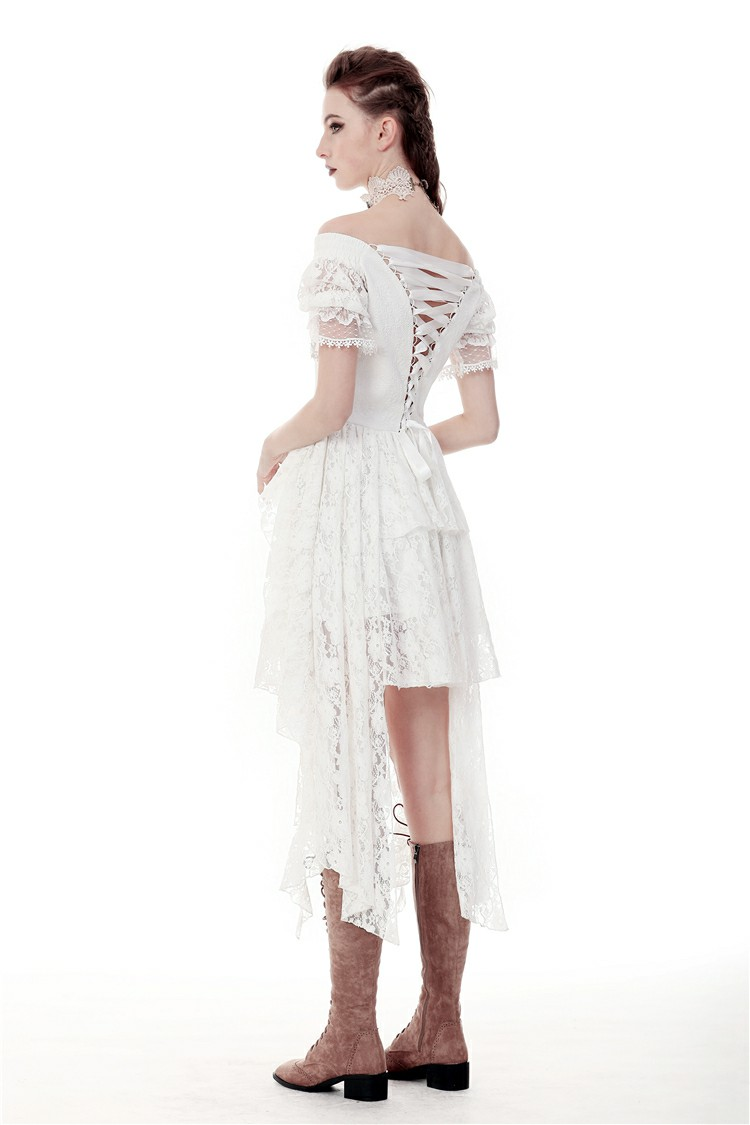 Elegant off-shoulder white lace dress with asymmetrical hem and intricate detailing, perfect for evening events.