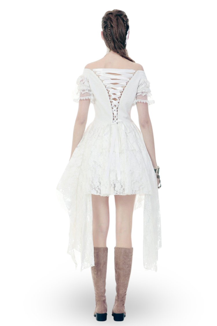 Elegant off-shoulder white lace dress with asymmetrical hem and lace-up back detail.