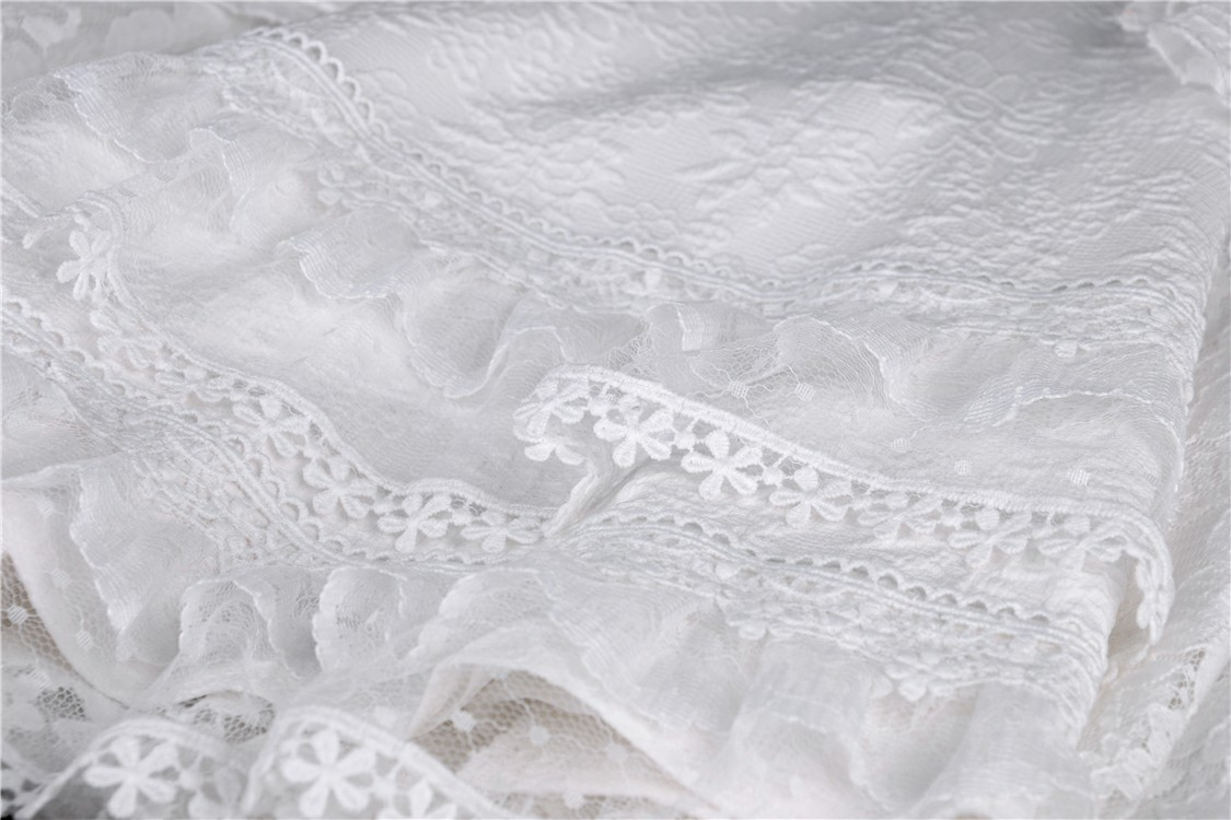 Detailed white lace fabric showcasing intricate patterns and delicate floral trims, perfect for elegant dresses.