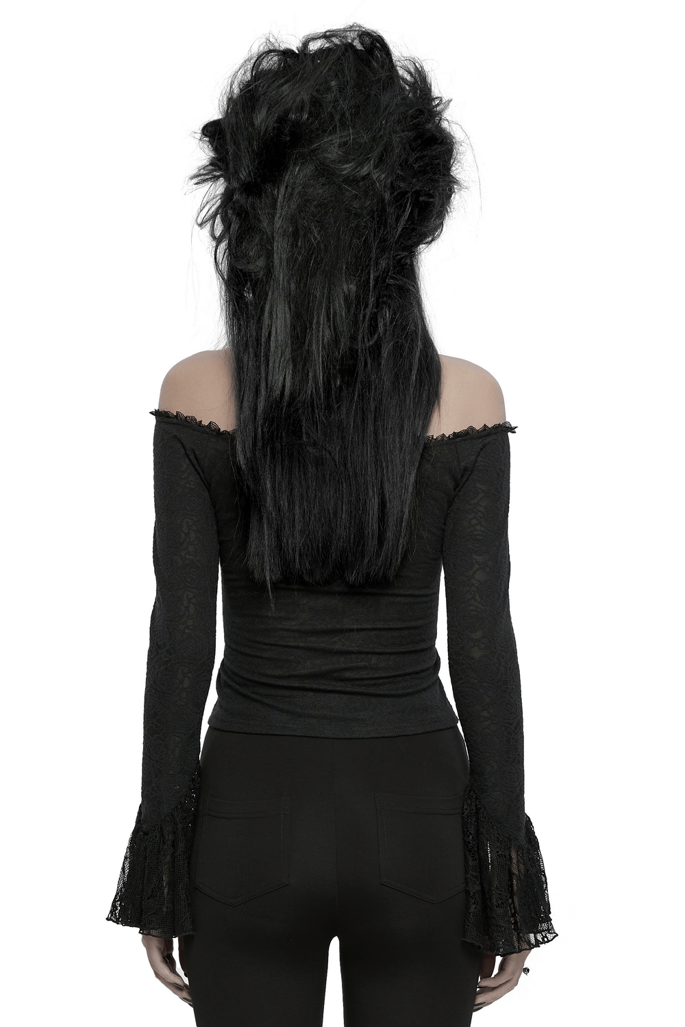 Back view of an elegant off-shoulder lace ruffle top for women, showcasing its intricate design and long sleeves.