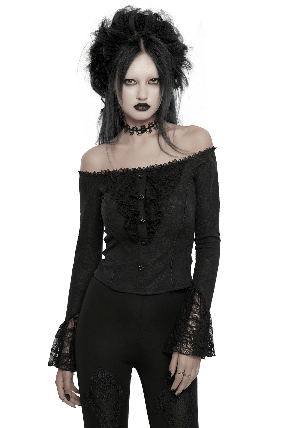 Elegant off-shoulder lace ruffle top for women, perfect for gothic fashion lovers.