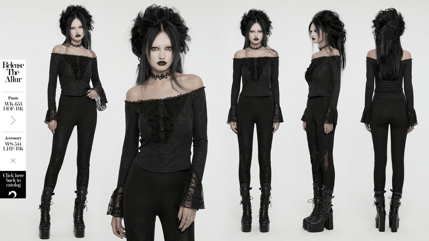 Elegant lace off-shoulder ruffle top in gothic style, paired with dark leggings and chunky boots, exuding a gothic elegance.