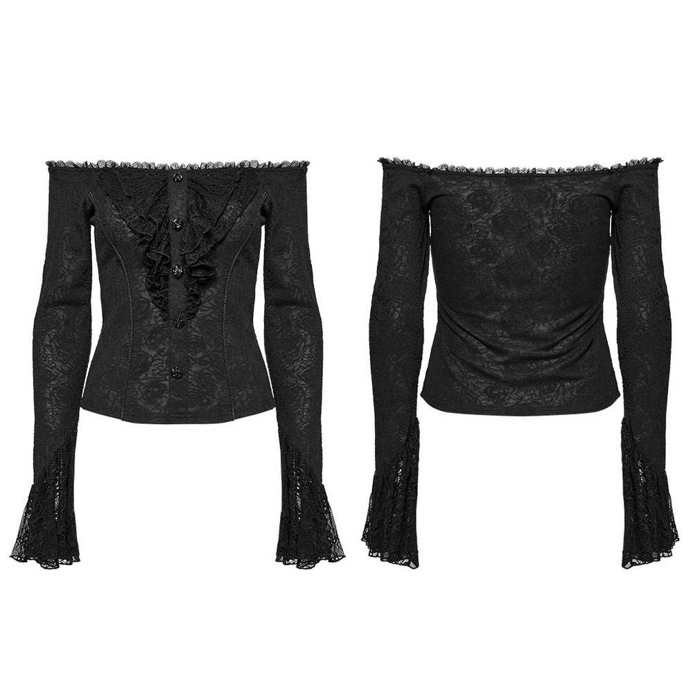 Elegant lace off-shoulder ruffle top featuring long sleeves and ornate 3D rose buttons, perfect for goth-inspired style.