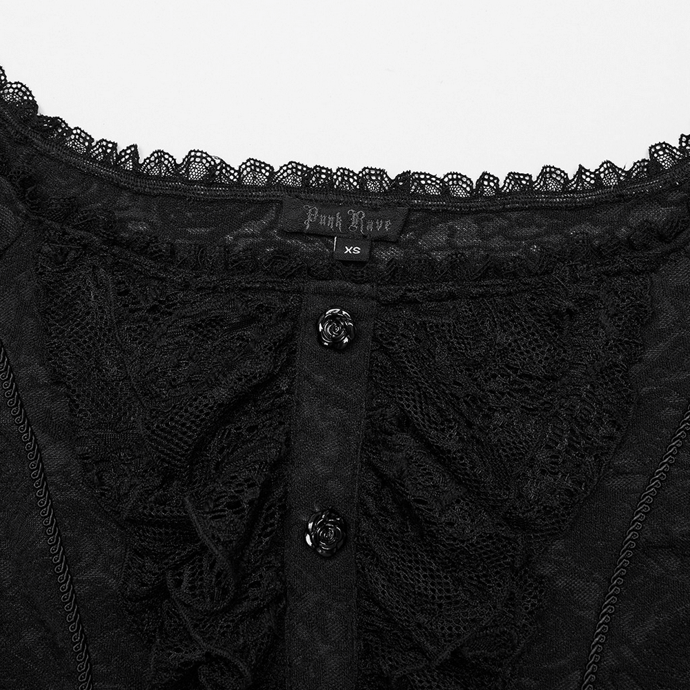 Elegant off-shoulder lace top featuring ruffles and rose buttons, perfect for goth fashion lovers.