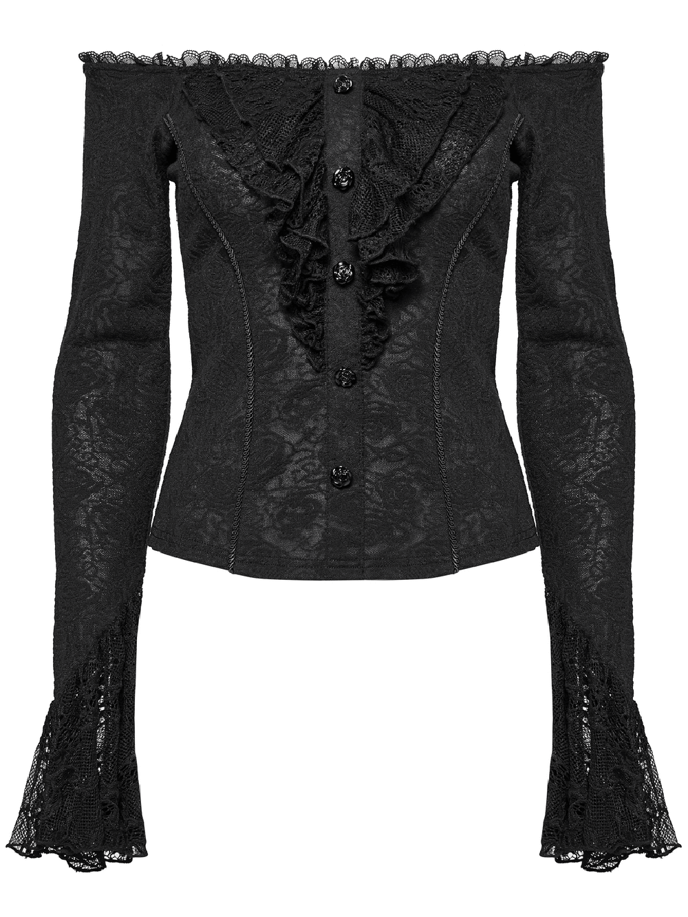 Elegant off-shoulder black lace top with ruffles and bell sleeves, featuring ornate rose buttons for a gothic look.