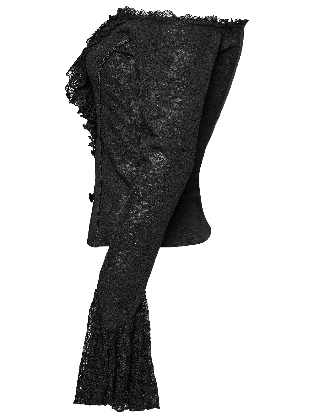 Elegant Gothic off-shoulder ruffle top in black lace with long sleeves and intricate detailing.