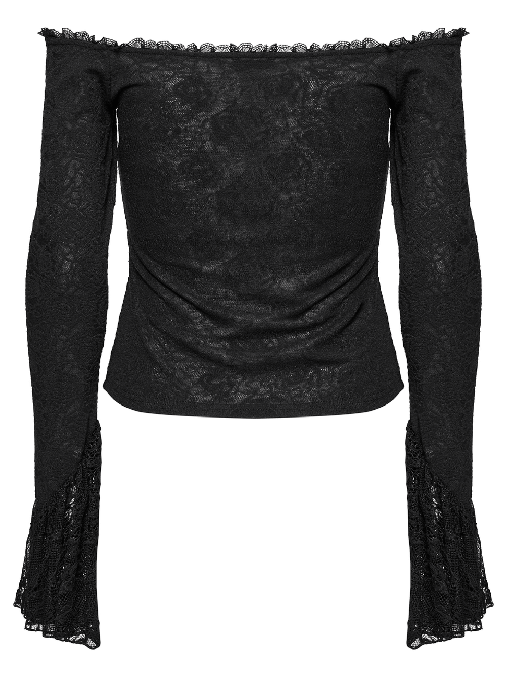 Elegant lace off-shoulder top with ruffled long sleeves for a gothic chic look.