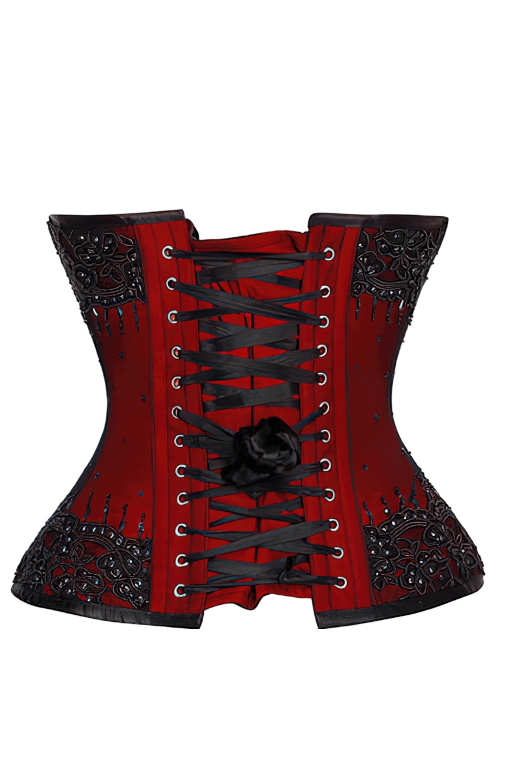 Elegant red Gothic overbust corset with lace overlay and steel boning, perfect for vintage styling and waist training.