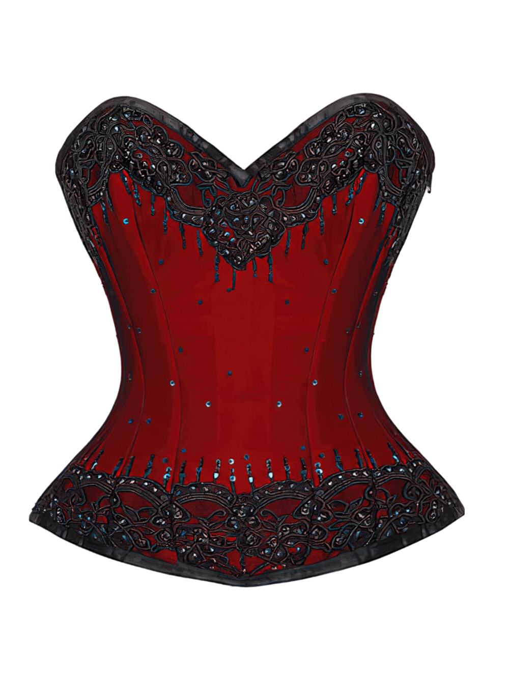 Elegant red Gothic corset with lace overlay and intricate detailing for dramatic styling.