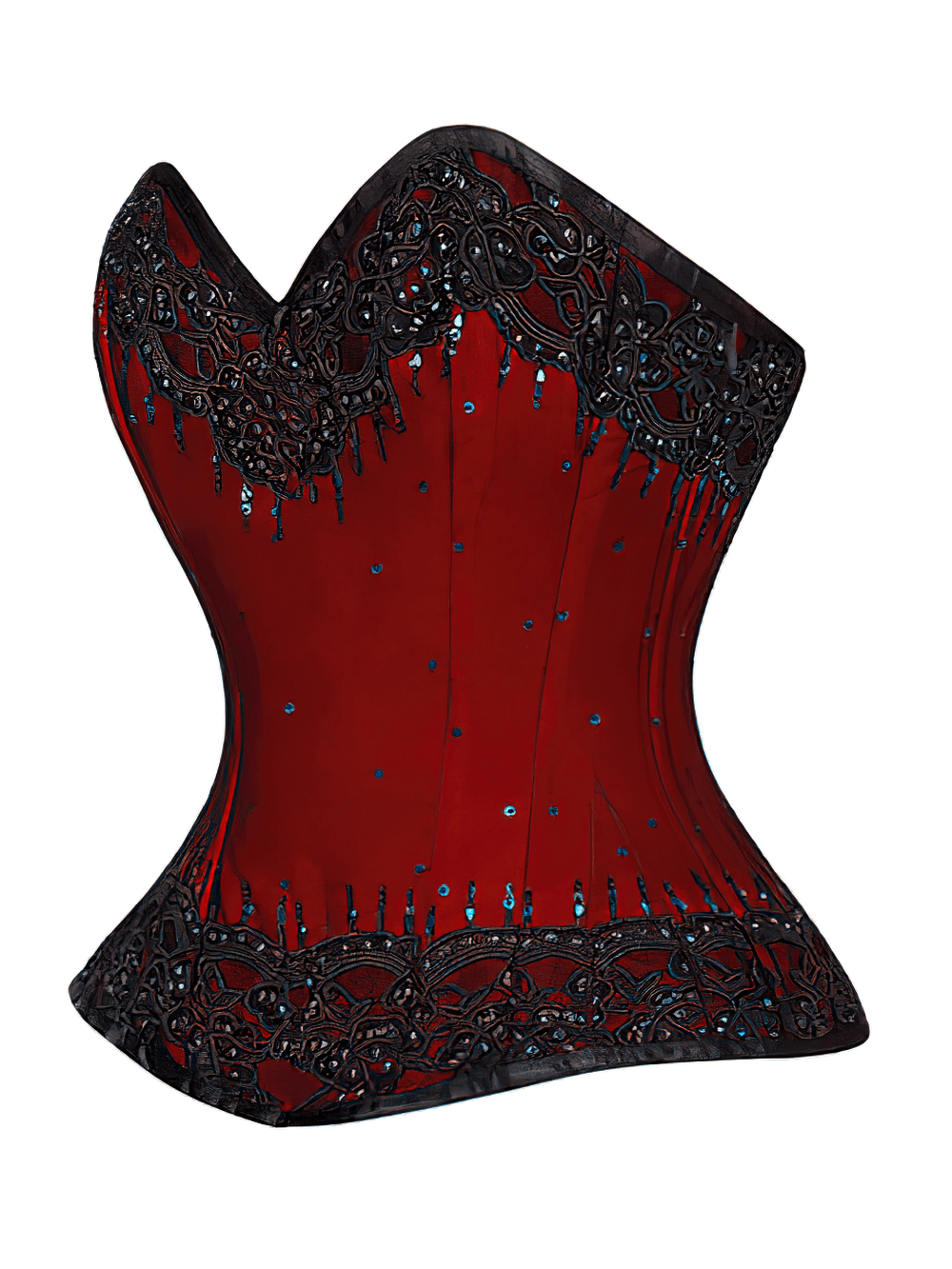 Elegant red Gothic overbust corset with lace overlay and steel boning, perfect for vintage styling.