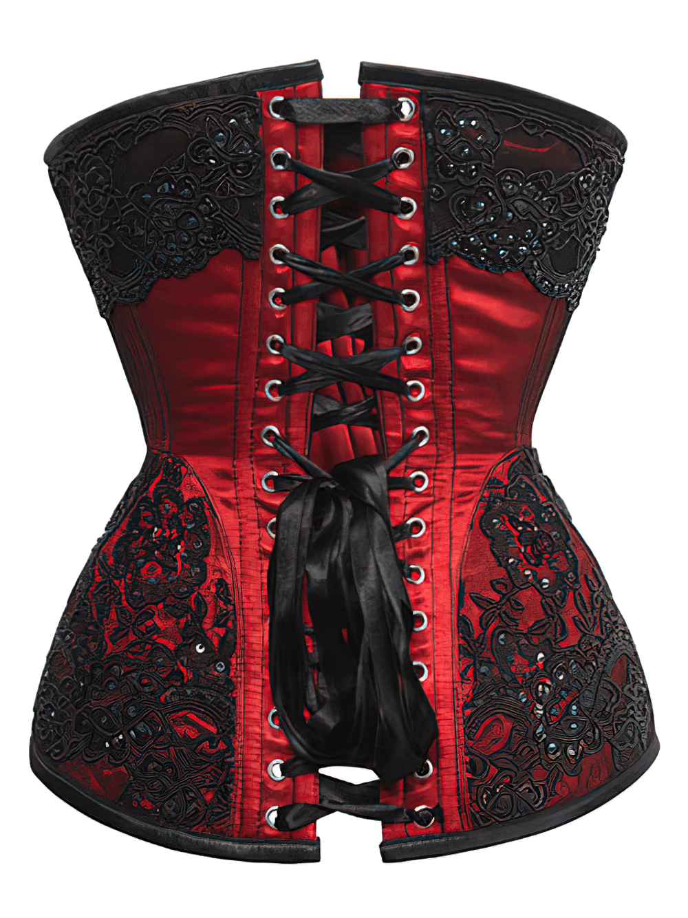 Elegant lace overlay overbust corset in red satin with black details, showcasing spiral steel boning and dramatic lacing.