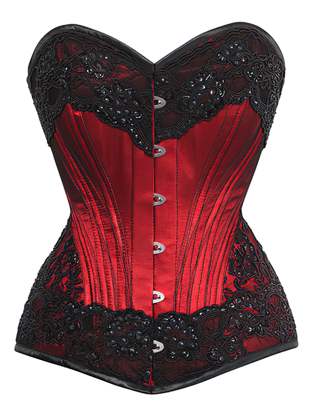 Elegant red satin corset with black lace overlay, structured fit, and spiral steel boning for waist sculpting.