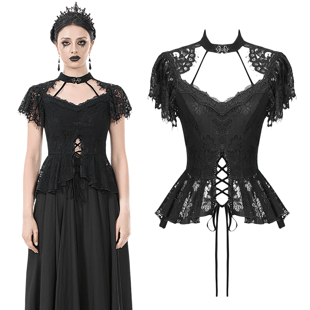 Elegant Lace Peplum Top with Choker Neck and Corset Front featuring sheer sleeves and floral lace design.