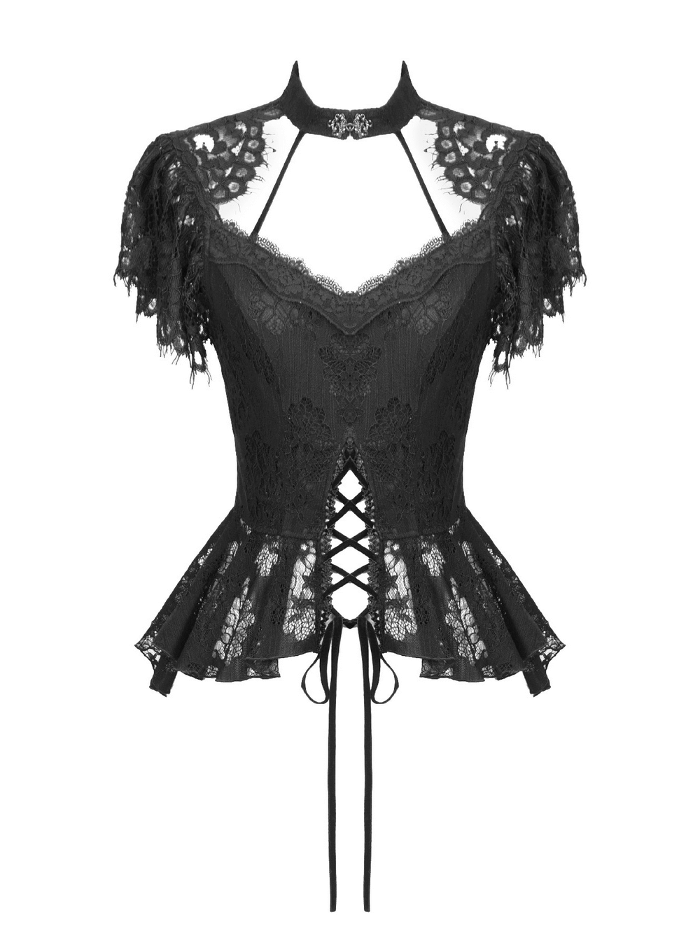 Elegant Lace Peplum Top with Choker Neck and Corset Front featuring intricate floral lace and sheer sleeves.