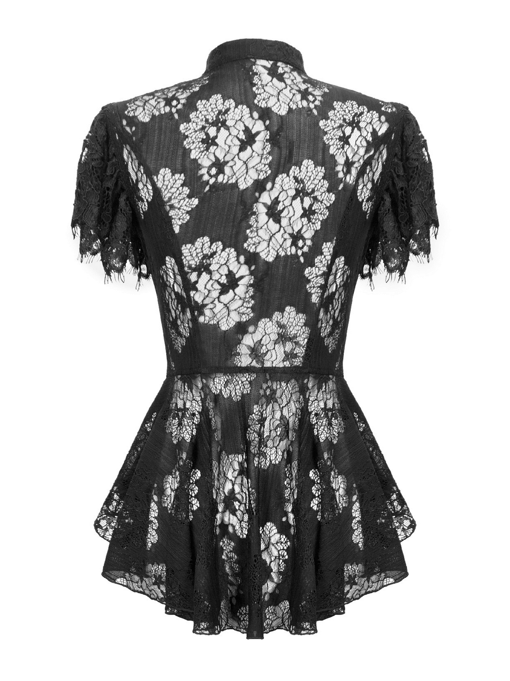 Elegant Lace Peplum Top with Choker Neck and Corset Front back view featuring sheer sleeves and floral lace.