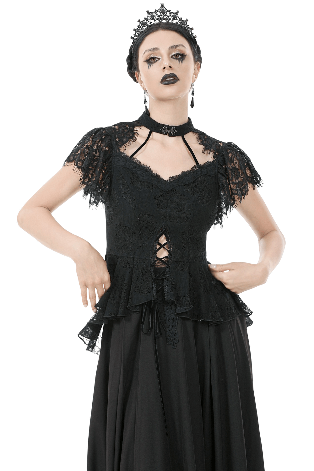 Elegant Lace Peplum Top with Choker Neck and Corset Front worn by model in gothic attire.