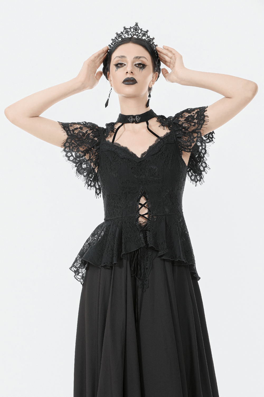 Elegant Lace Peplum Top with Choker Neck and Corset Front worn by model, featuring lace sleeves and peplum hem.