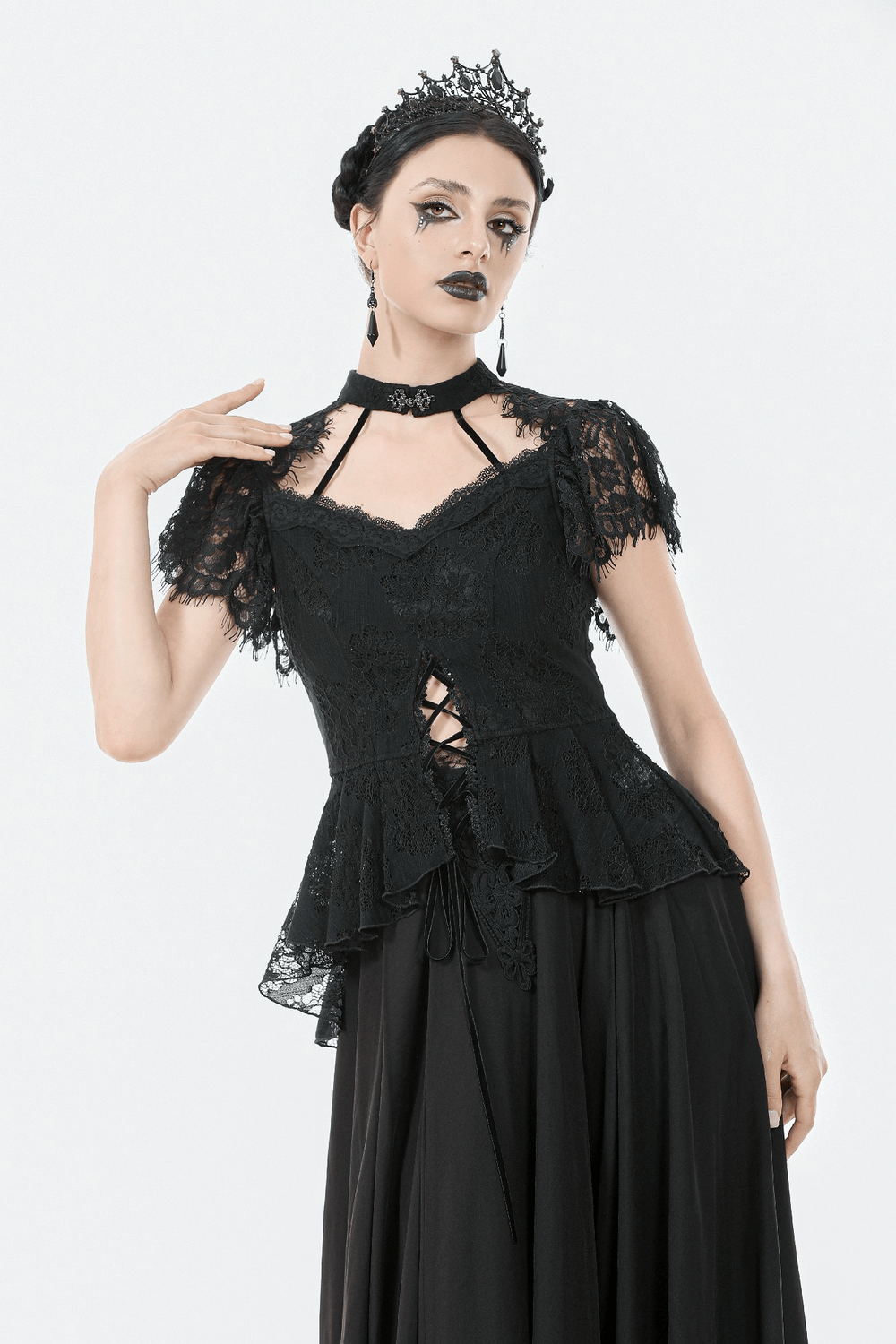 Elegant Lace Peplum Top with Choker Neck and Corset Front worn by model, showcasing gothic style and floral lace details.