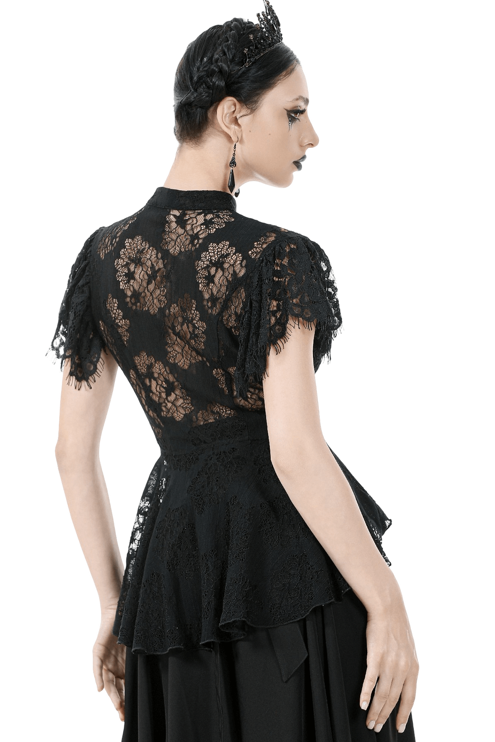 Elegant Lace Peplum Top with Choker Neck and Corset Front featuring sheer lace sleeves and floral design from the back.