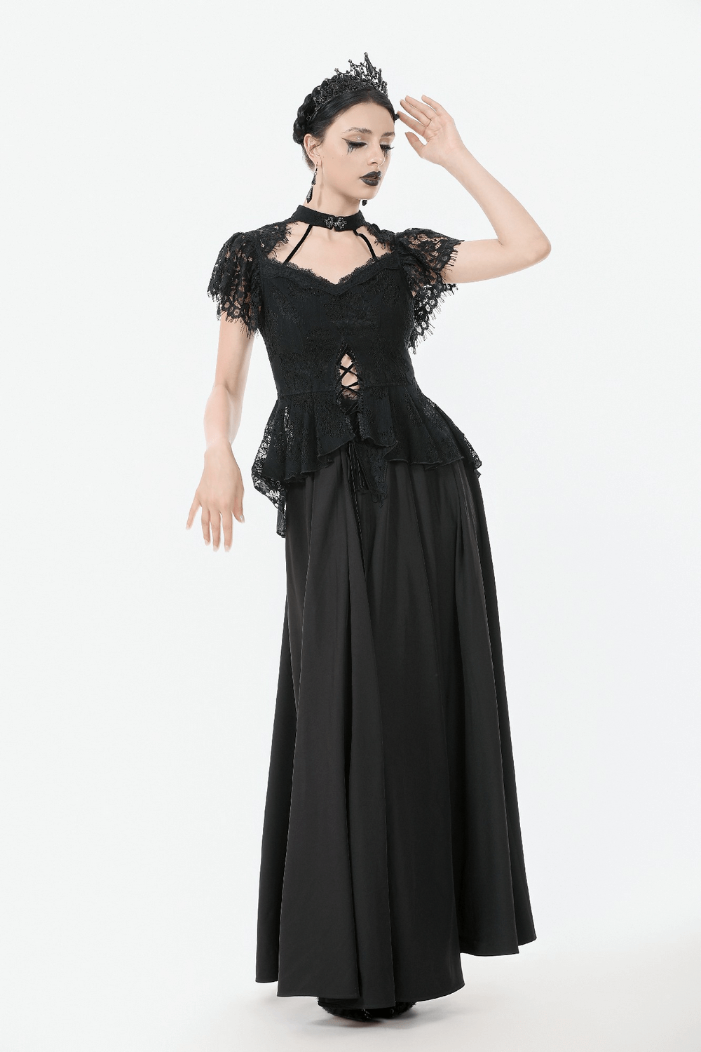 Elegant Lace Peplum Top with Choker Neck and Corset Front worn by a model, showcasing gothic fashion aesthetics.