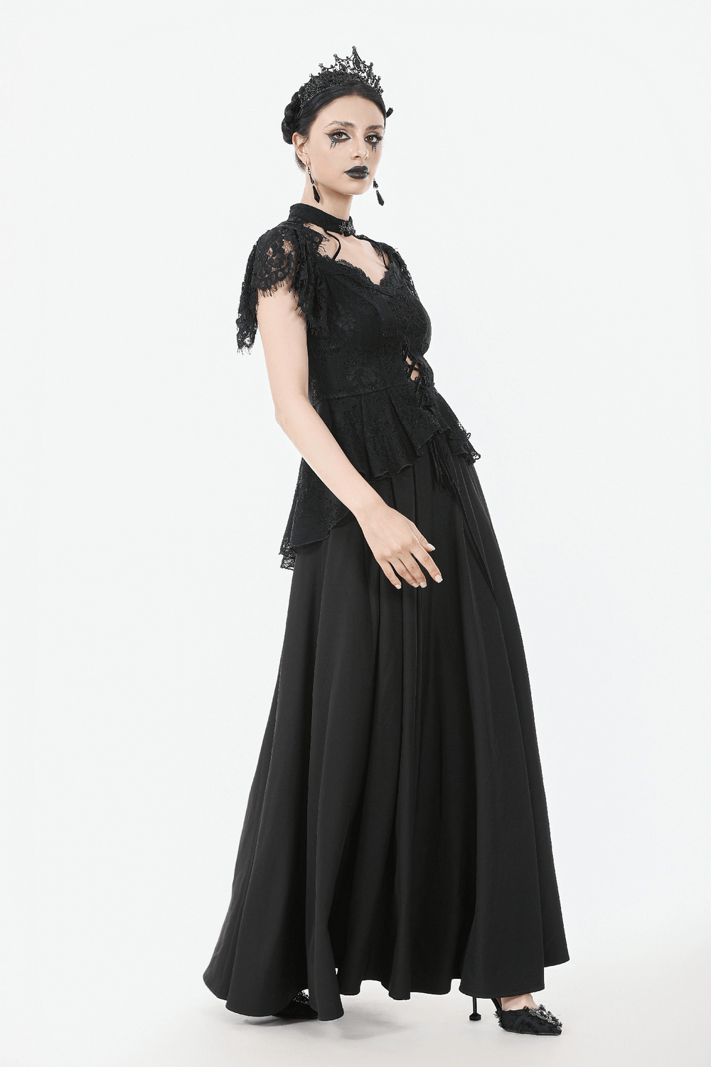 Elegant Lace Peplum Top with Choker Neck and Corset Front worn by model with black skirt and gothic accessories.