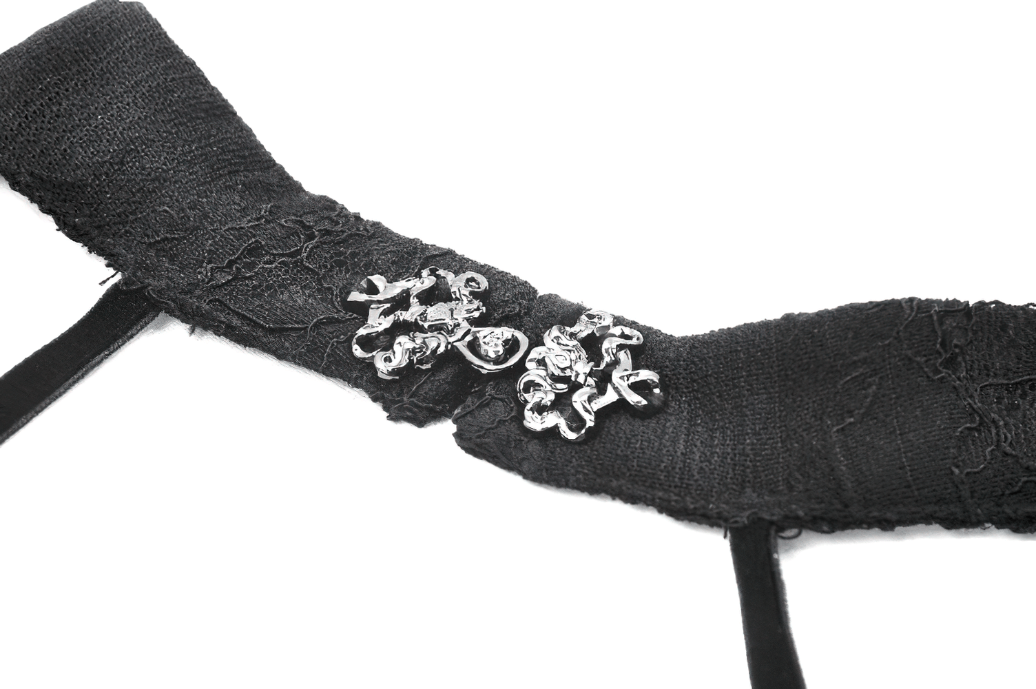 Elegant Lace Peplum Top with Choker Neck and Corset Front detailed view of lace choker straps and ornate clasps