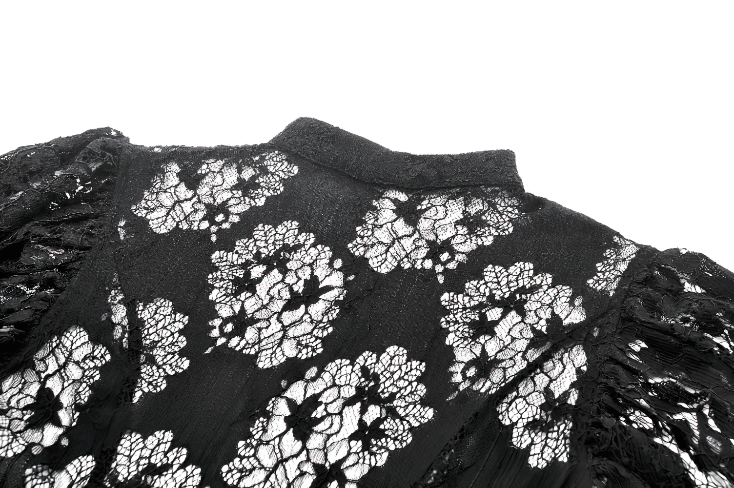 Elegant Lace Peplum Top with Choker Neck and Corset Front showcasing intricate floral lace detail.