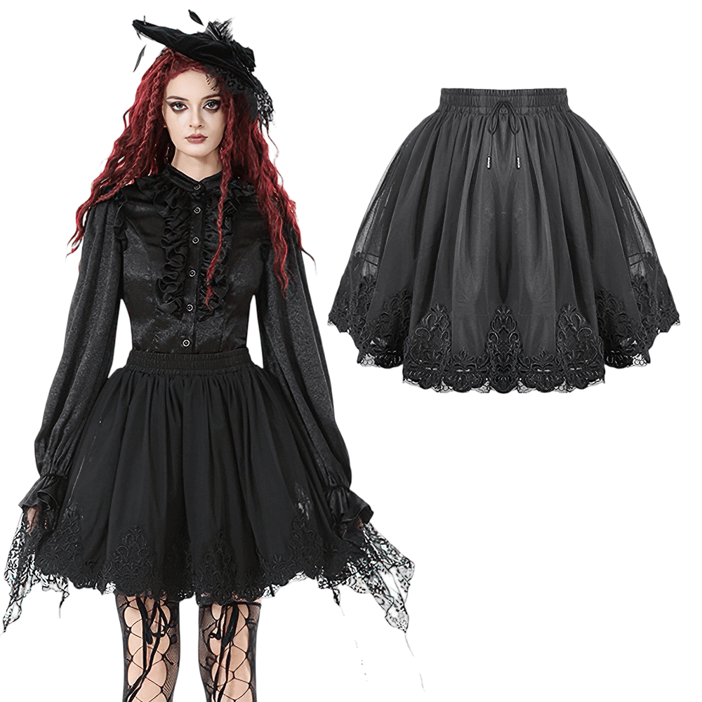 Elegant Lace Skater Skirt with Elastic Waist and Detail in black with lace trim and stylish design.
