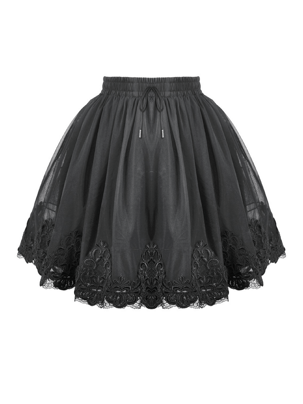 Elegant Lace Skater Skirt with Elastic Waist and Detail in gothic black lace trim design.