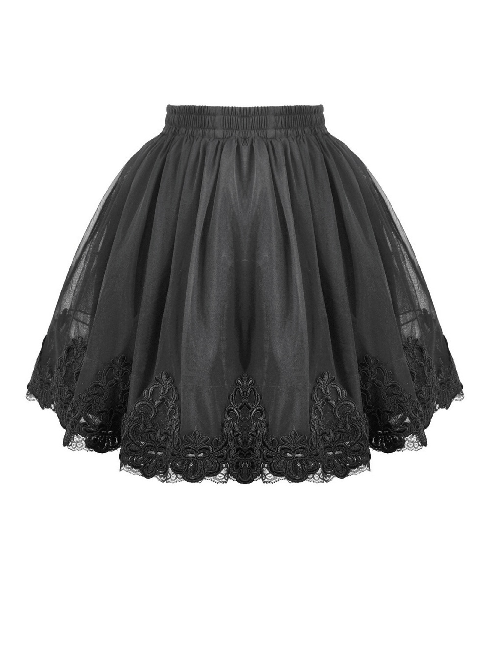 Elegant Lace Skater Skirt with Elastic Waist and Detail, featuring gothic black lace trim and a flattering silhouette.