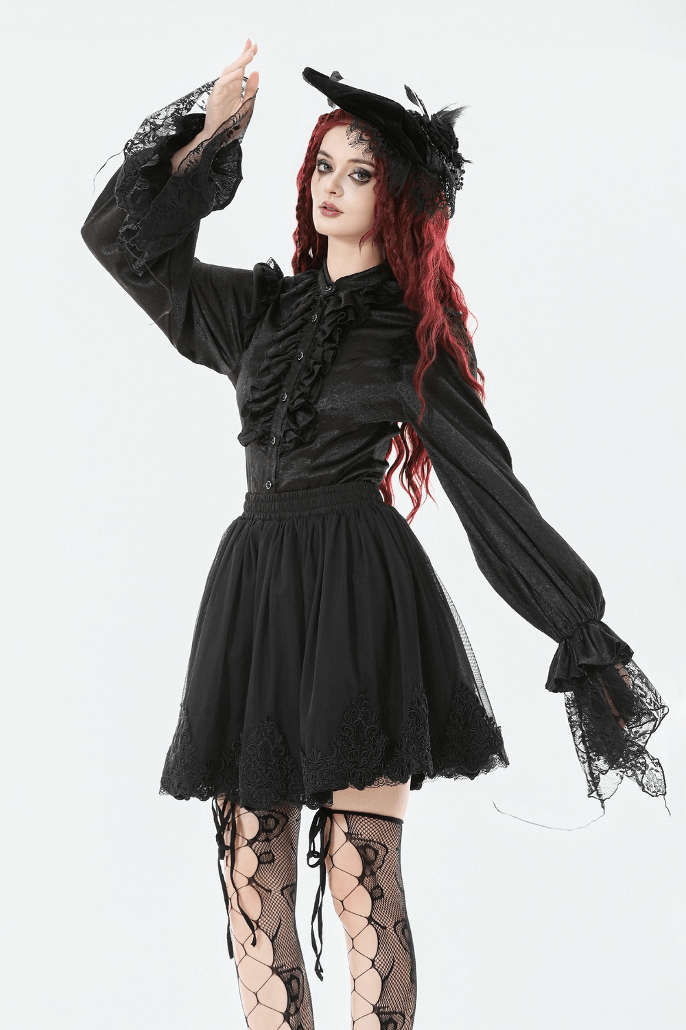 Elegant Lace Skater Skirt with Elastic Waist and Detail worn with a gothic black blouse and accessories.