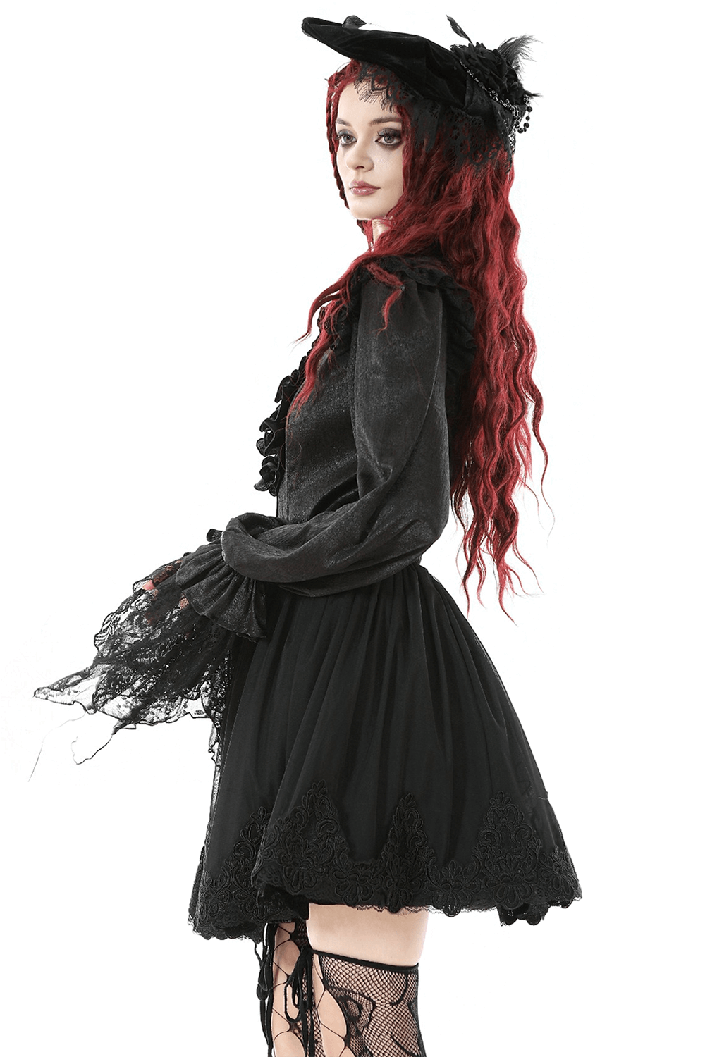 Elegant Lace Skater Skirt with Elastic Waist and Detail worn by a model with a gothic style and red hair.