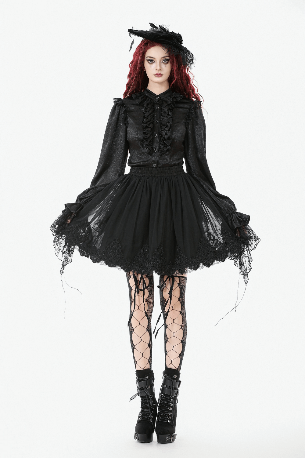 Elegant Lace Skater Skirt with Elastic Waist and Detail worn with gothic style and accessories