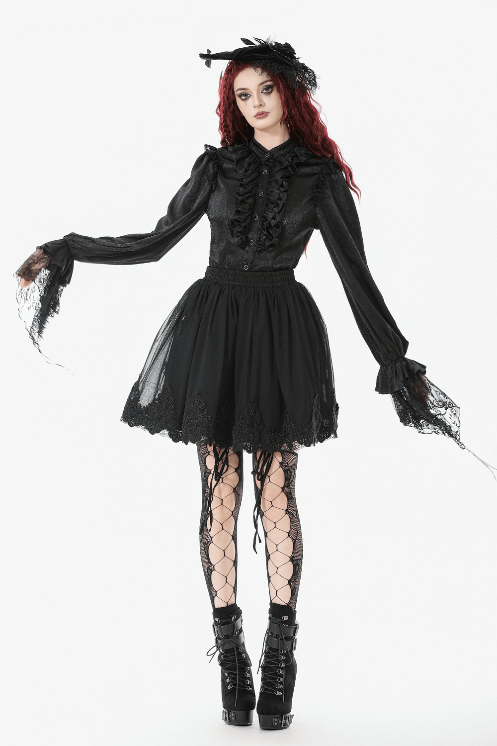 Elegant Lace Skater Skirt with Elastic Waist and Detail paired with a gothic-inspired top and accessories.