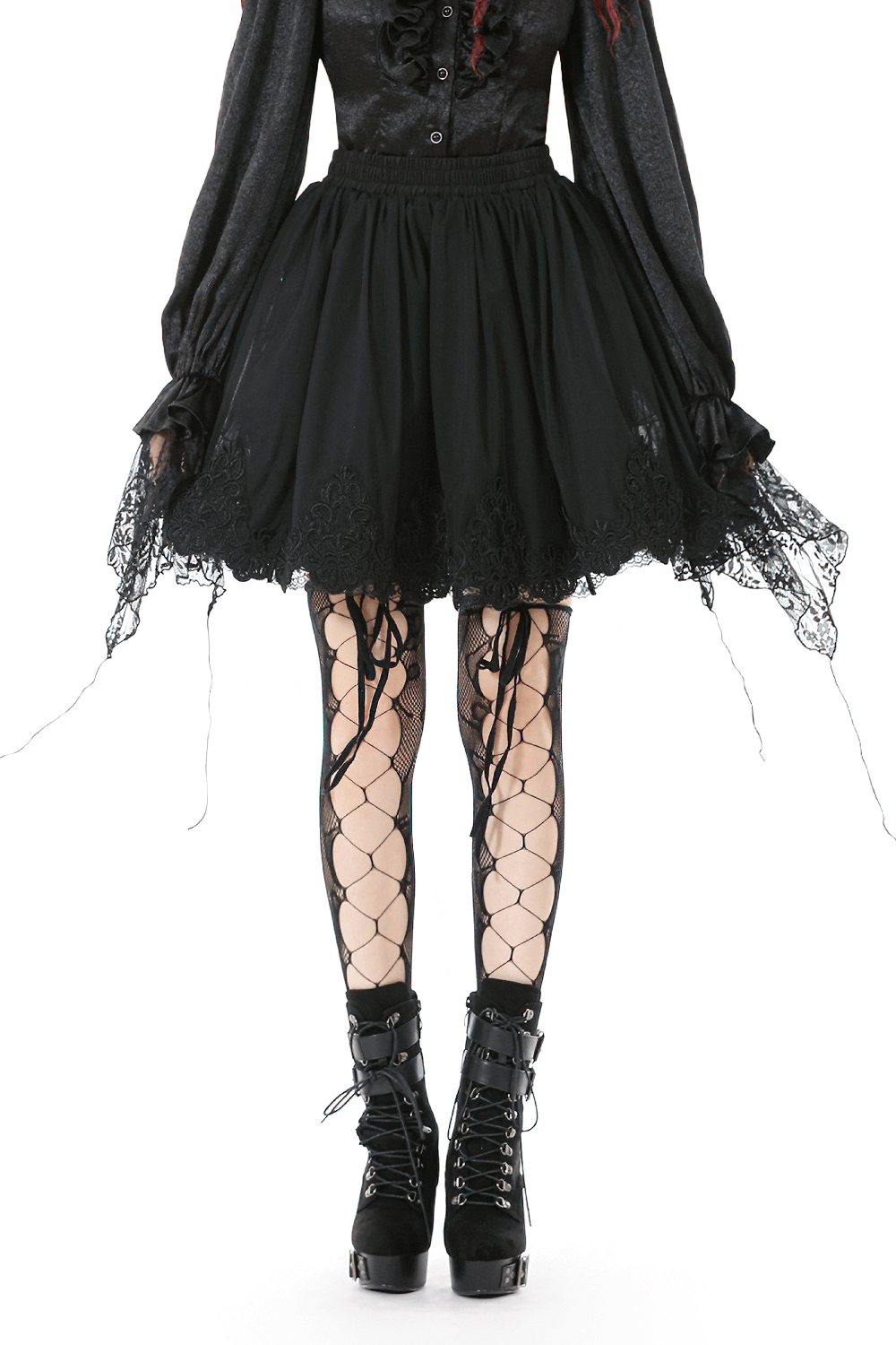 Elegant Lace Skater Skirt with Elastic Waist and Detail paired with gothic lace-up fishnet tights