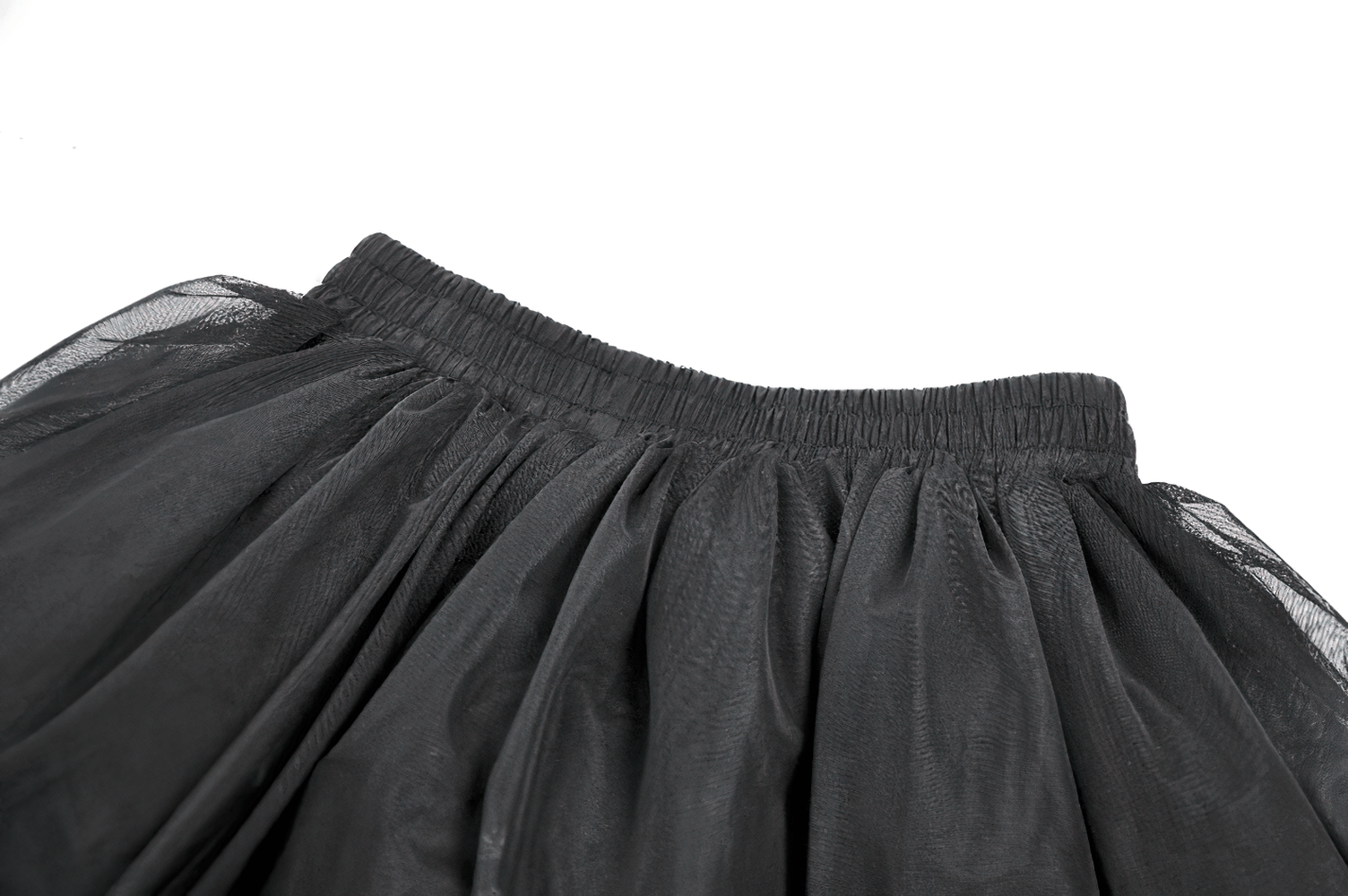 Elegant Lace Skater Skirt with Elastic Waist and Detail showing black tulle fabric and elastic waistband.