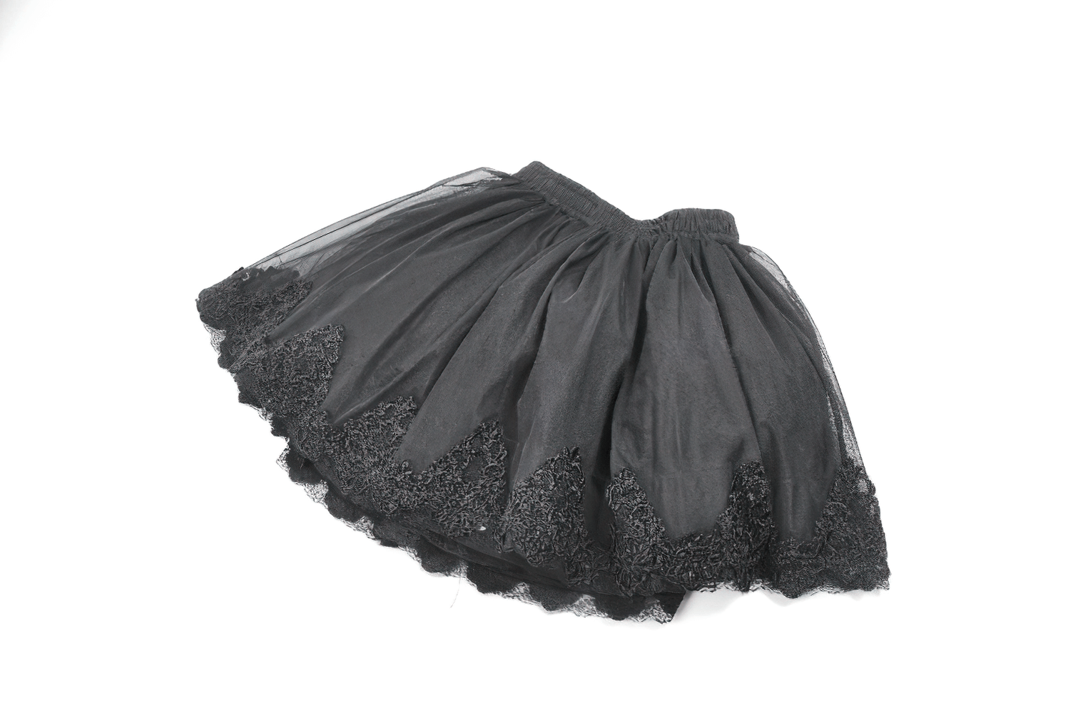 Elegant Lace Skater Skirt with Elastic Waist and Detail showcasing gothic black lace trim and a flowing silhouette.